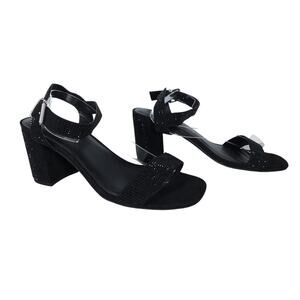 Lane Bryant Womens Sandals 10 Black Rhinestone Ankle Strap Heeled Square Toe